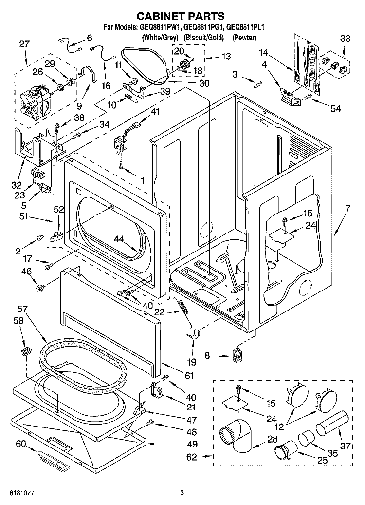 CABINET PARTS Diagram and Parts List for GEQ8811PL1  Whirlpool Dryer