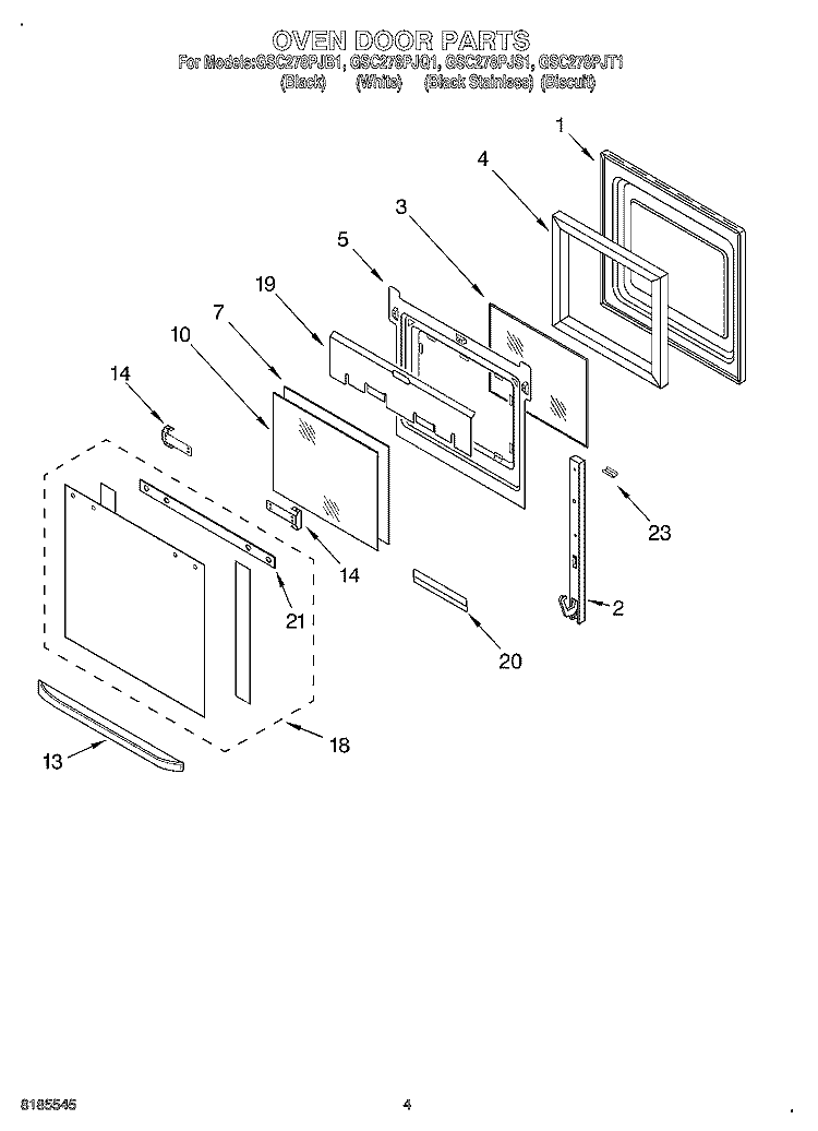 OVEN DOOR Diagram and Parts List for GSC278PJS1  Whirlpool Microwave Oven Combo