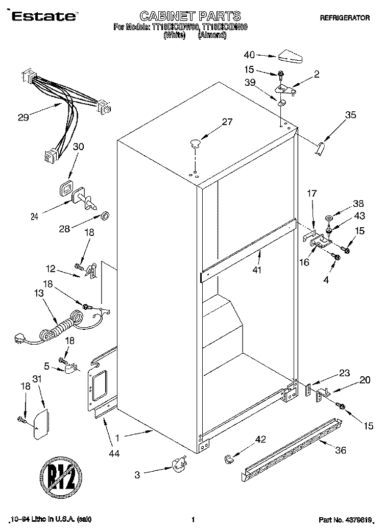 CABINET Diagram and Parts List for TT18DKXDN00  Estate Refrigerator