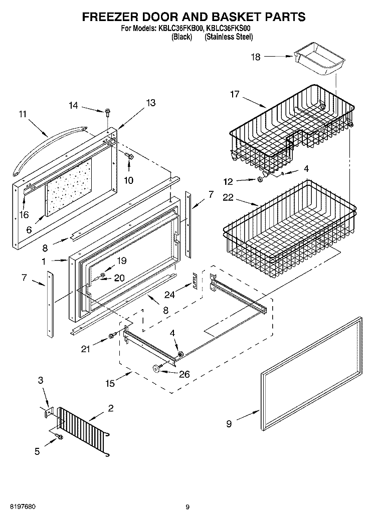 FREEZER DOOR AND BASKET Diagram and Parts List for KBLC36FKS00  KitchenAid Refrigerator
