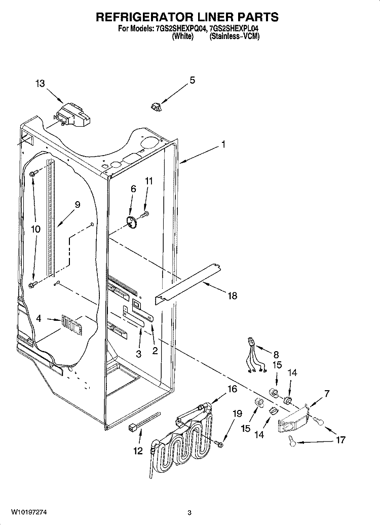 REFRIGERATOR LINER PARTS Diagram and Parts List for 7GS2SHEXPQ04  Whirlpool Refrigerator