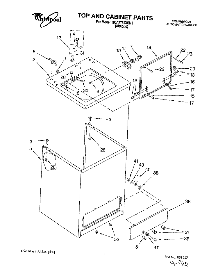 TOP AND CABINET Diagram and Parts List for 9CA2781XSN1  Whirlpool Washer