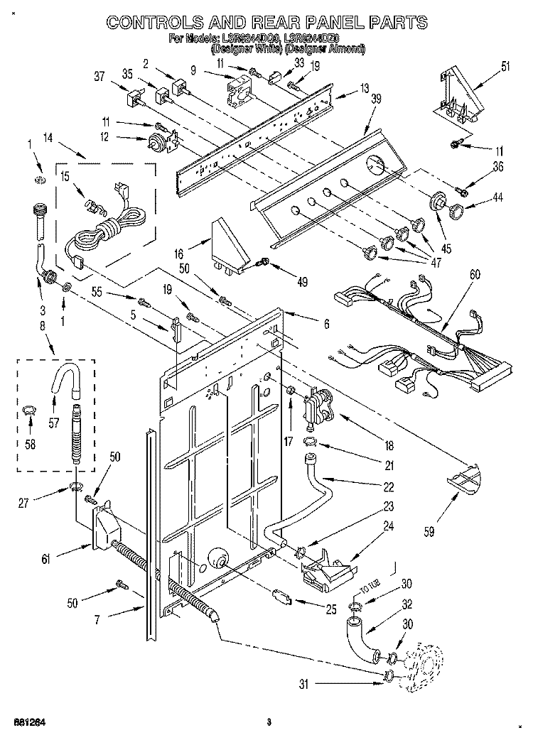 CONTROLS AND REAR PANEL Diagram and Parts List for LSR8244DZ0  Whirlpool Washer