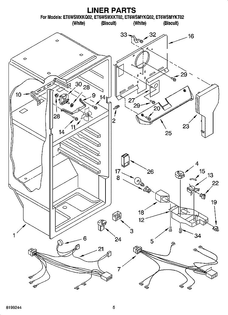 LINER PARTS Diagram and Parts List for ET6WSMYKT02  Whirlpool Refrigerator