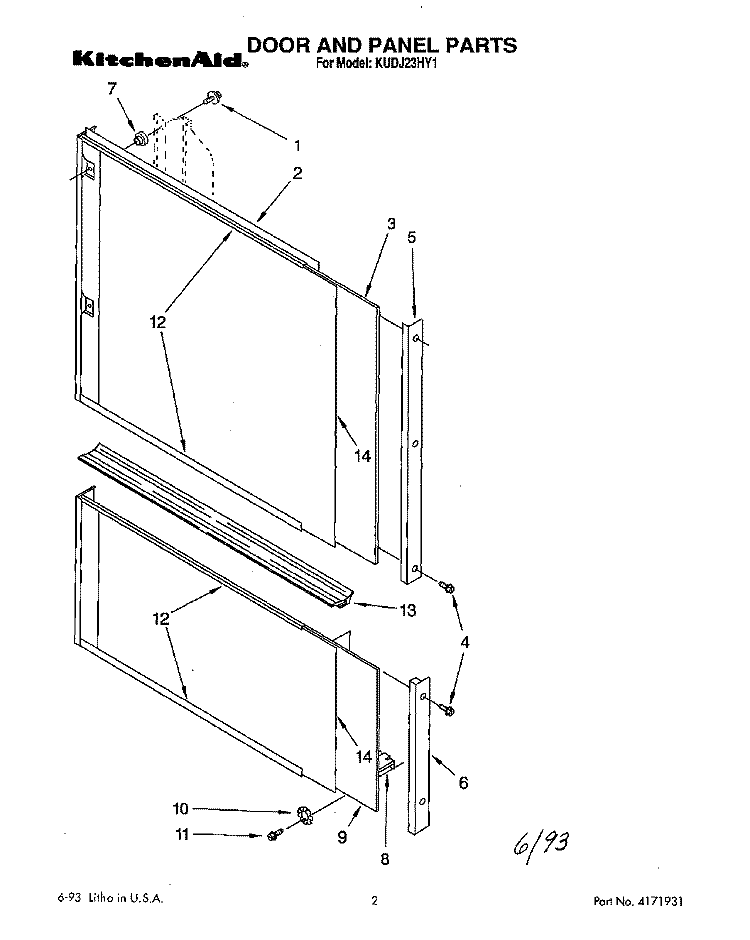 DOOR AND PANEL Diagram and Parts List for KUDJ23HY1  KitchenAid Dishwasher