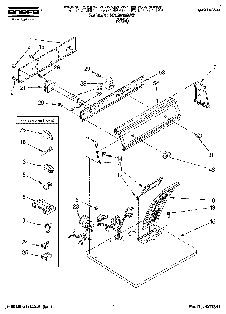 TOP AND CONSOLE, LIT/OPTIONAL Diagram and Parts List for RGL3612BW2  Roper Dryer