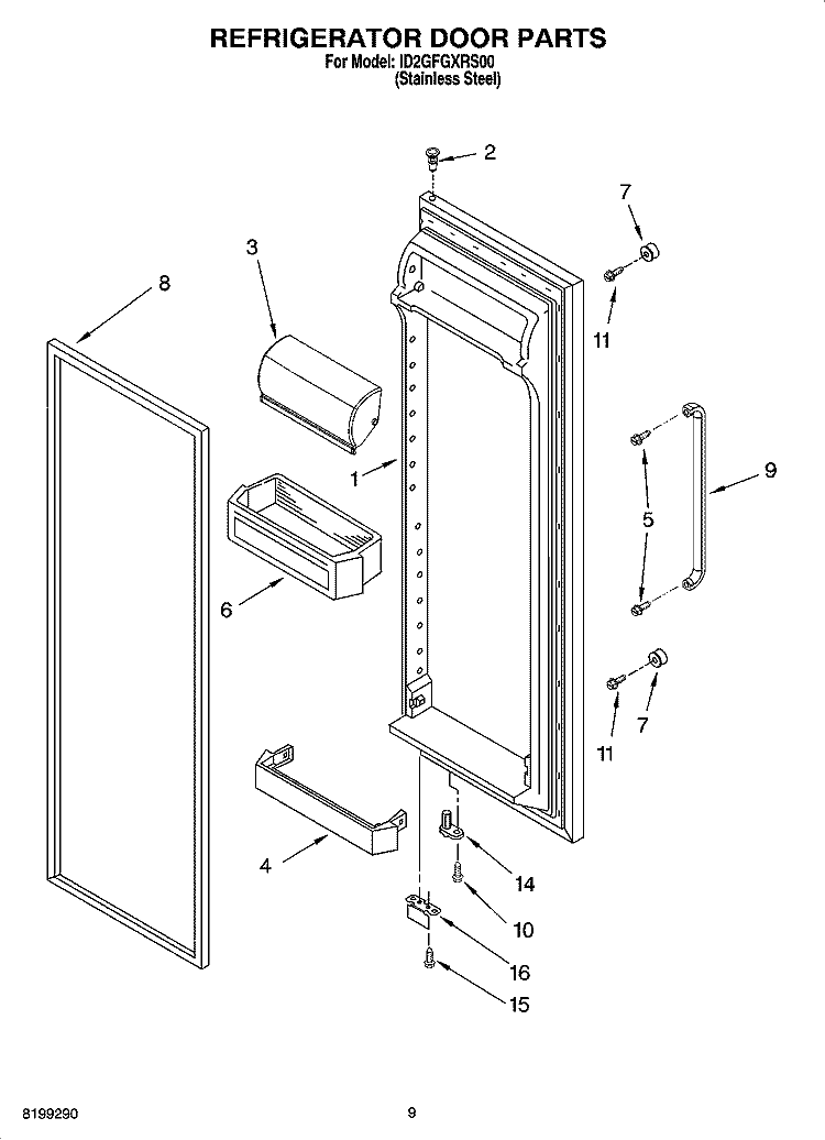 REFRIGERATOR DOOR PARTS Diagram and Parts List for ID2GFGXRS00  Whirlpool Refrigerator