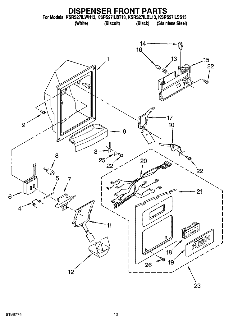 DISPENSER FRONT PARTS Diagram and Parts List for KSRS27ILSS13  KitchenAid Refrigerator