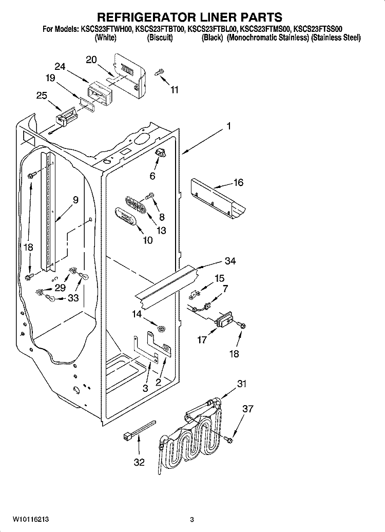 REFRIGERATOR LINER PARTS Diagram and Parts List for KSCS23FTBT00  KitchenAid Refrigerator