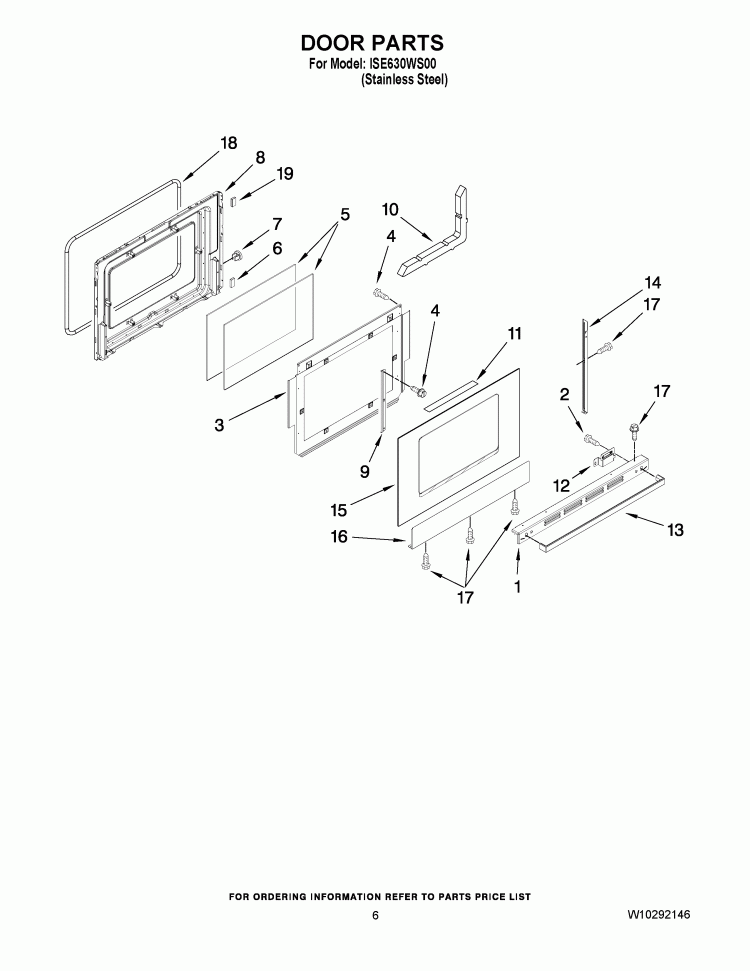 DOOR PARTS Diagram and Parts List for ISE630WS00  Whirlpool Range