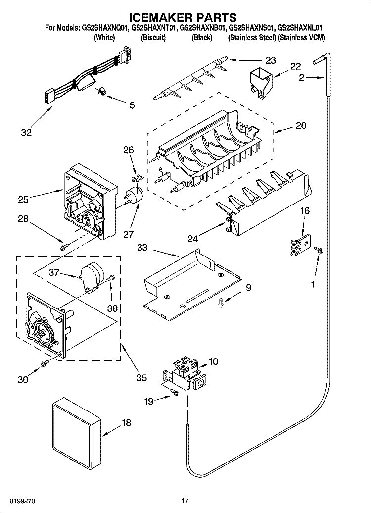 ICEMAKER PARTS Diagram and Parts List for GS2SHAXNL01  Whirlpool Refrigerator