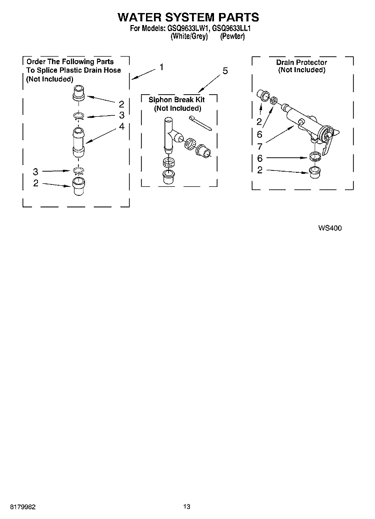 WATER SYSTEM PARTS Diagram and Parts List for GSQ9633LL1  Whirlpool Washer