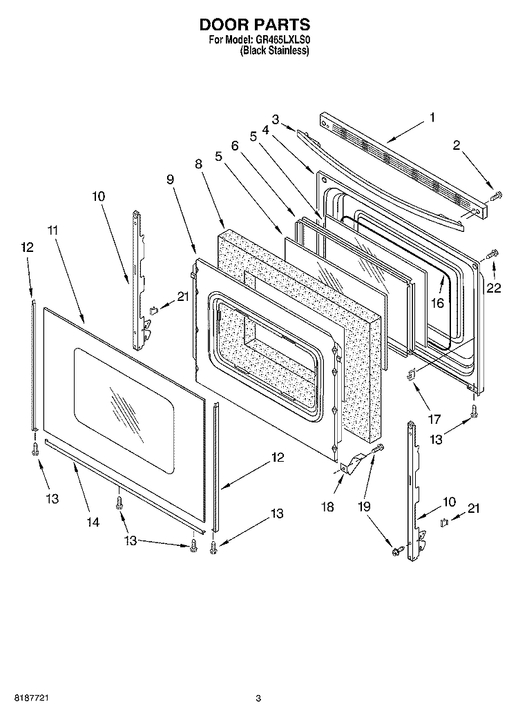 DOOR PARTS Diagram and Parts List for GR465LXLS0  Whirlpool Range