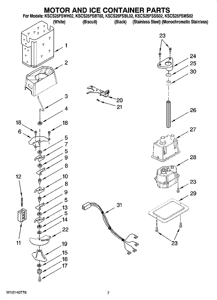 MOTOR AND ICE CONTAINER PARTS Diagram and Parts List for KSCS25FSWH02  KitchenAid Refrigerator