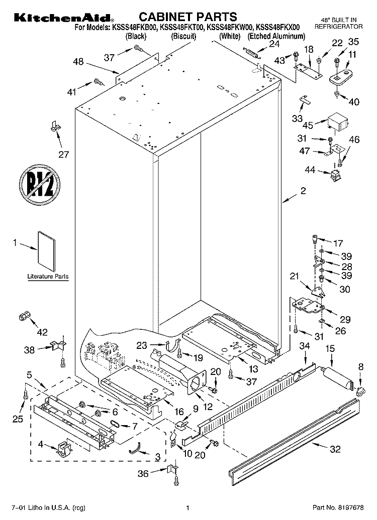 CABINET, LITERATURE Diagram and Parts List for KSSS48FKT00  KitchenAid Refrigerator
