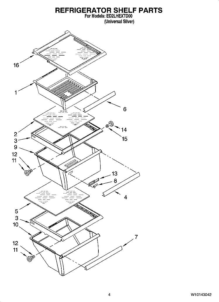 REFRIGERATOR SHELF PARTS Diagram and Parts List for ED2LHEXTD00  Whirlpool Refrigerator