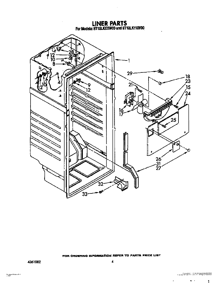 LINER Diagram and Parts List for ET12LKYXN00  Whirlpool Refrigerator