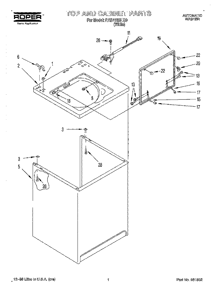 TOP AND CABINET Diagram and Parts List for RAB4132HQ0  Whirlpool Washer