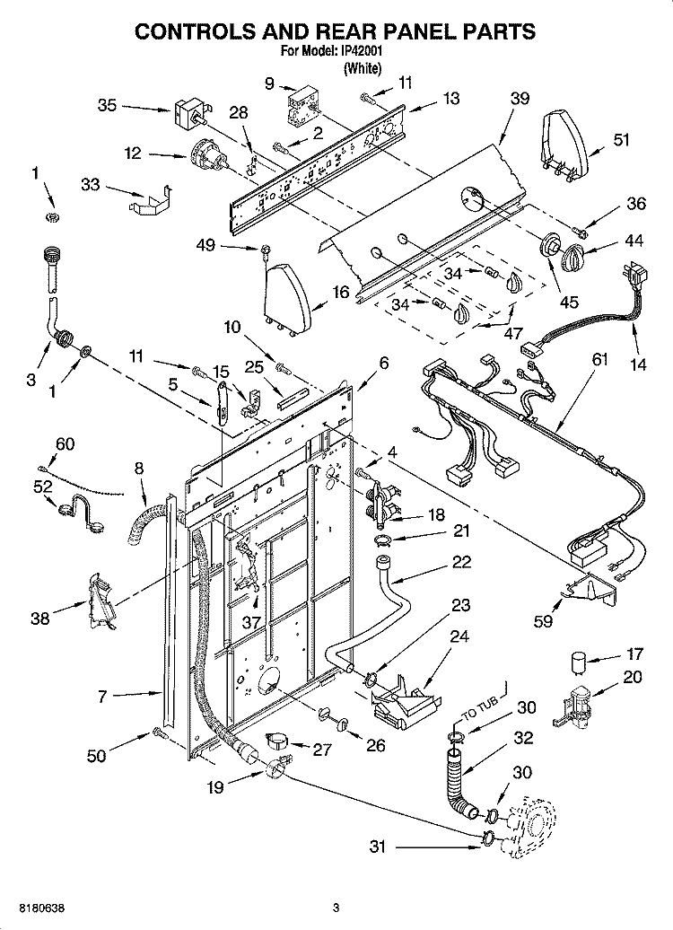 CONTROLS AND REAR PANEL PARTS Diagram and Parts List for IP42001  Inglis Washer