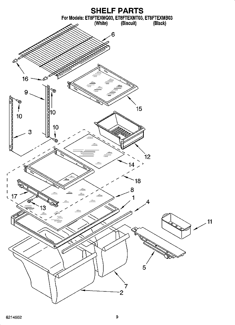 SHELF PARTS, OPTIONAL PARTS Diagram and Parts List for ET8FTEXMQ03  Whirlpool Refrigerator