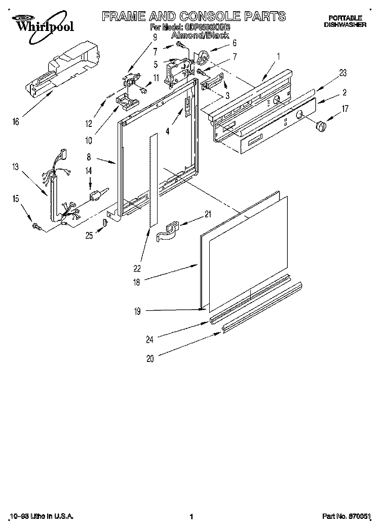 FRAME AND CONSOLE Diagram and Parts List for GDP8500XXN3  Whirlpool Dishwasher