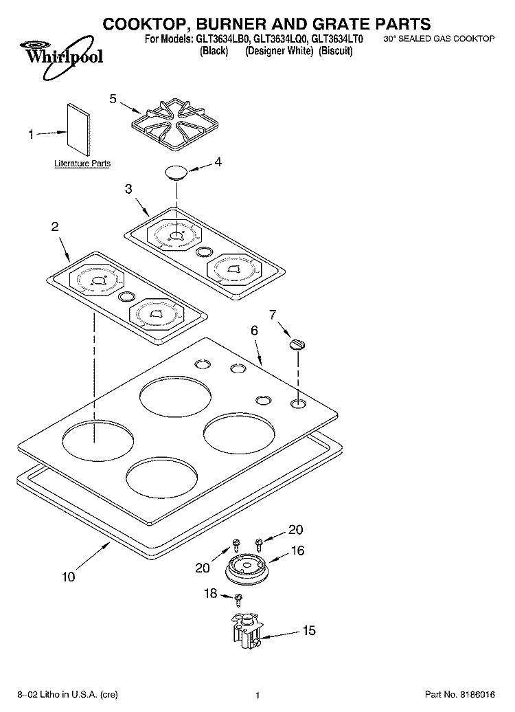 SECTION Diagram and Parts List for GLT3634LQ0  Whirlpool Cooktop