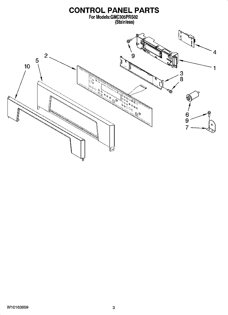 CONTROL PANEL PARTS Diagram and Parts List for GMC305PRS02  Whirlpool Microwave Oven Combo