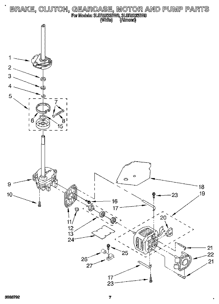 BRAKE, CLUTCH, GEARCASE, MOTOR & PUMP Diagram and Parts List for 3LSR5233BN0  Whirlpool Washer