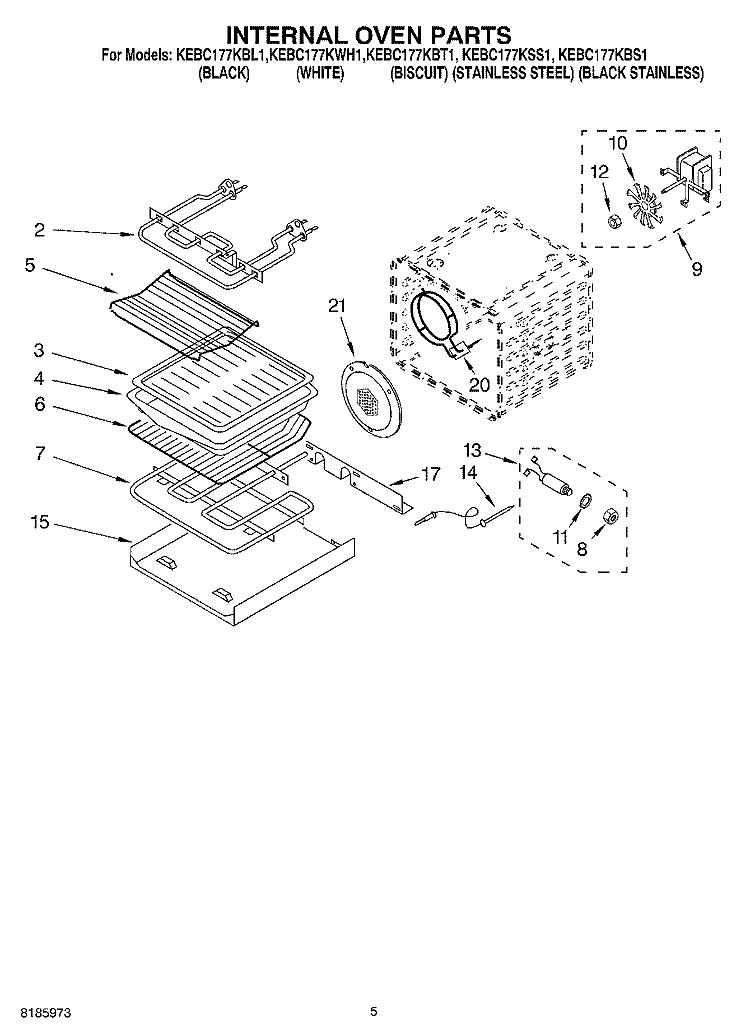 INTERNAL OVEN Diagram and Parts List for KEBC177KBT1  KitchenAid Wall Oven