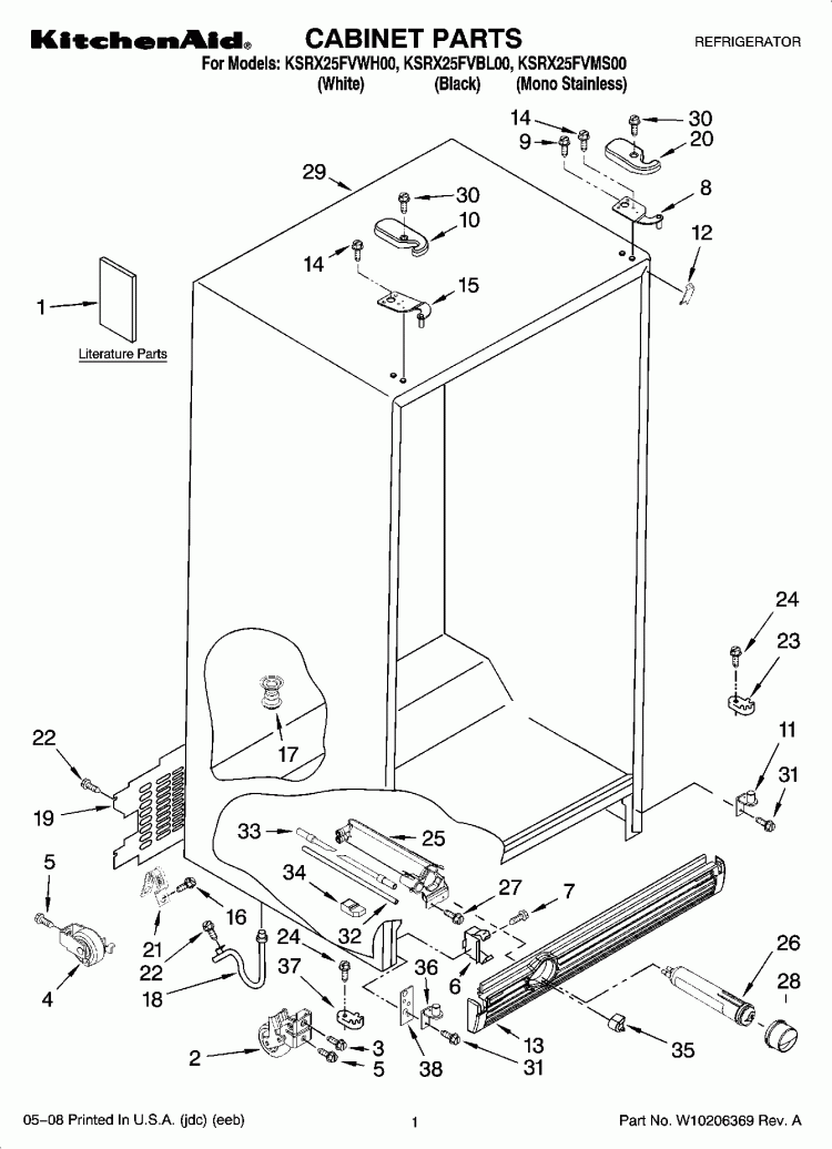 CABINET PARTS Diagram and Parts List for KSRX25FVMS00  KitchenAid Refrigerator