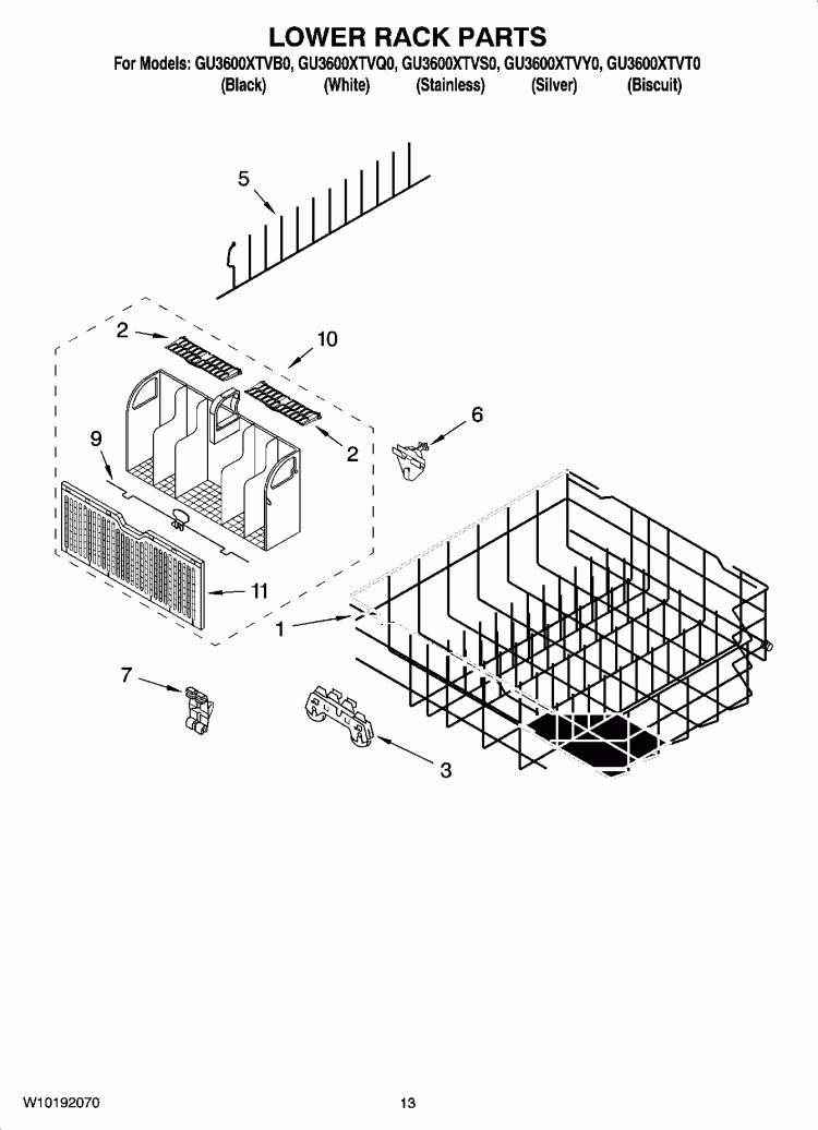 LOWER RACK PARTS, OPTIONAL PARTS (NOT INCLUDED) Diagram and Parts List for GU3600XTVS0  Whirlpool Dishwasher
