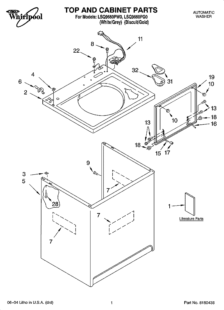 TOP AND CABINET PARTS Diagram and Parts List for LSQ9660PG0  Whirlpool Washer