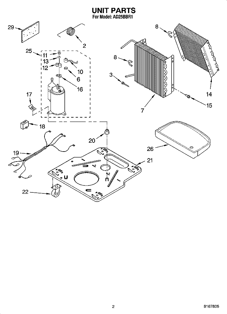 UNIT PARTS Diagram and Parts List for AD25BBR1  Whirlpool Dehumidifier
