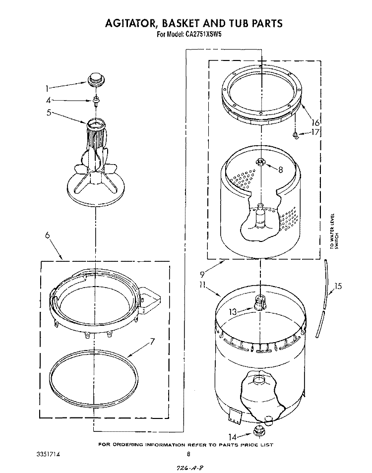AGITATOR, BASKET AND TUB Diagram and Parts List for CA2751XSW5  Whirlpool Washer