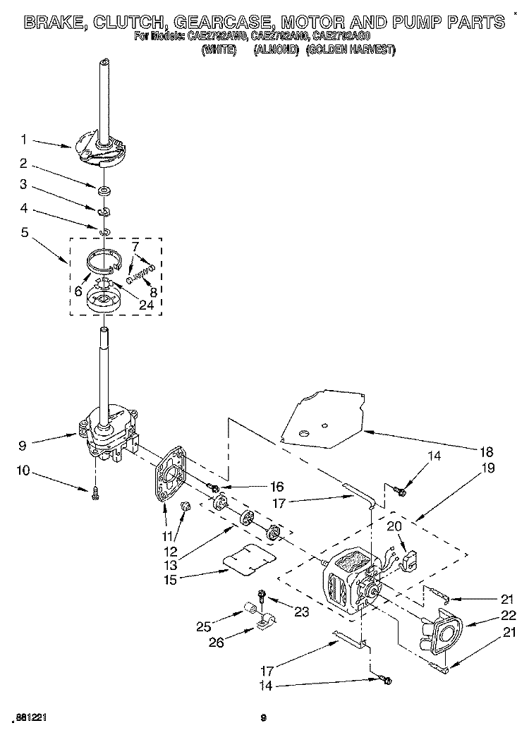BRAKE, CLUTCH, GEARCASE, MOTOR AND PUMP Diagram and Parts List for CAE2792AG0  Whirlpool Washer