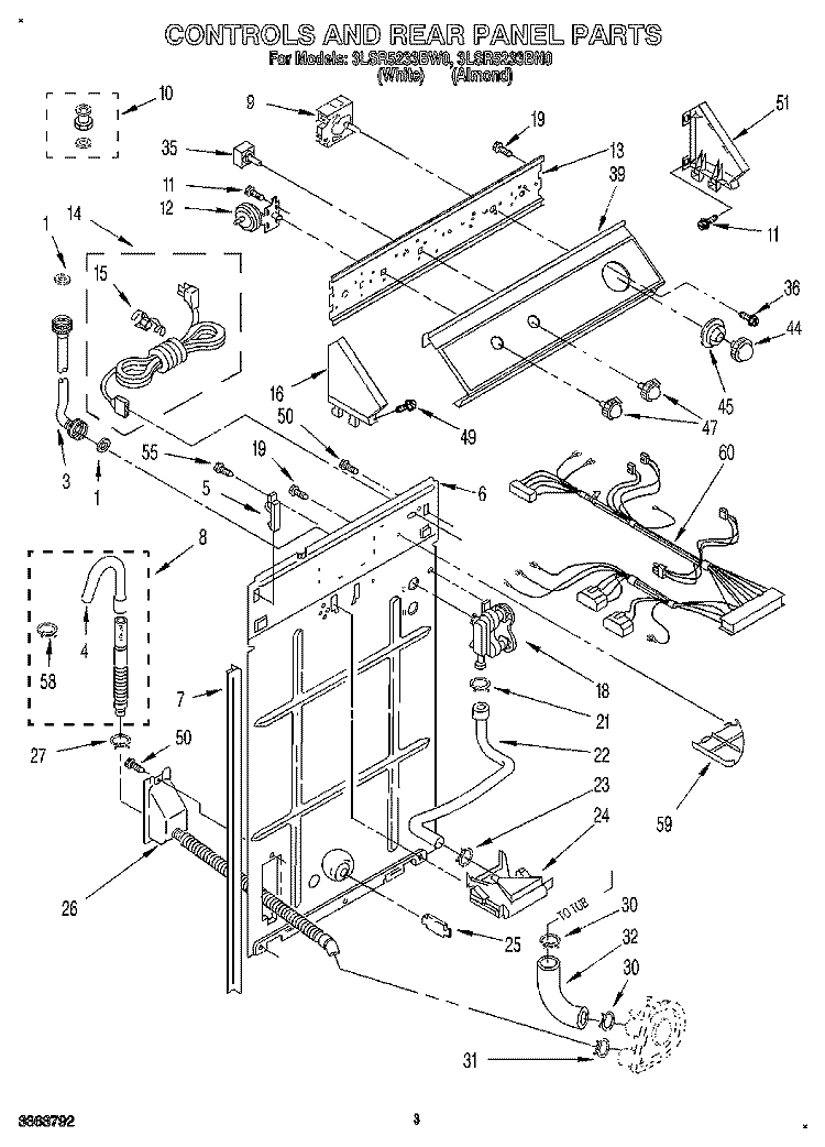 CONTROLS AND REAR PANEL Diagram and Parts List for 3LSR5233BN0  Whirlpool Washer