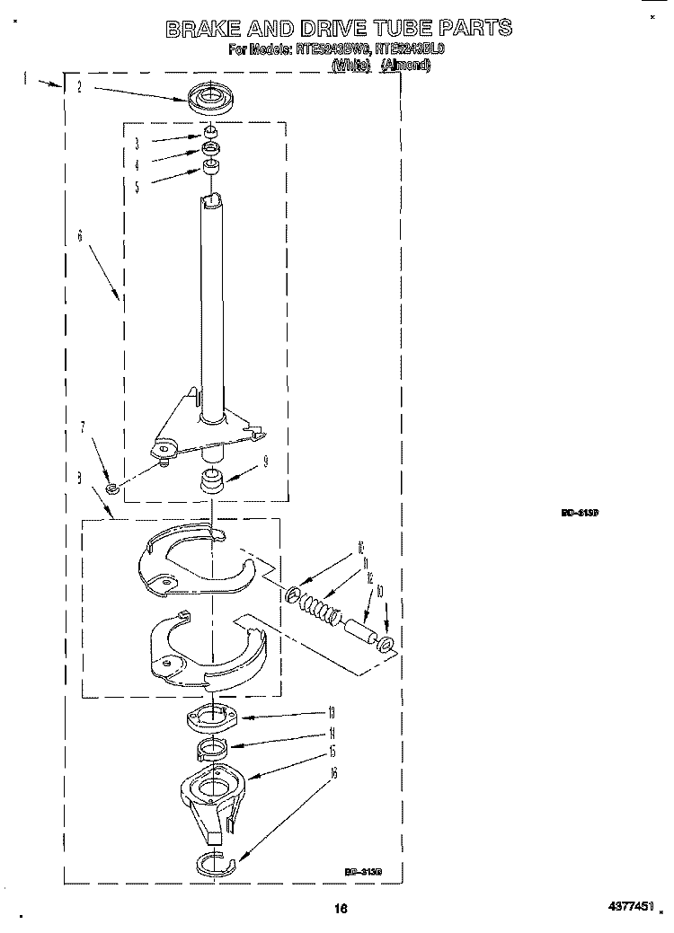 BRAKE AND DRIVE TUBE Diagram and Parts List for RTE5243BW0  Roper Washer Dryer Combo