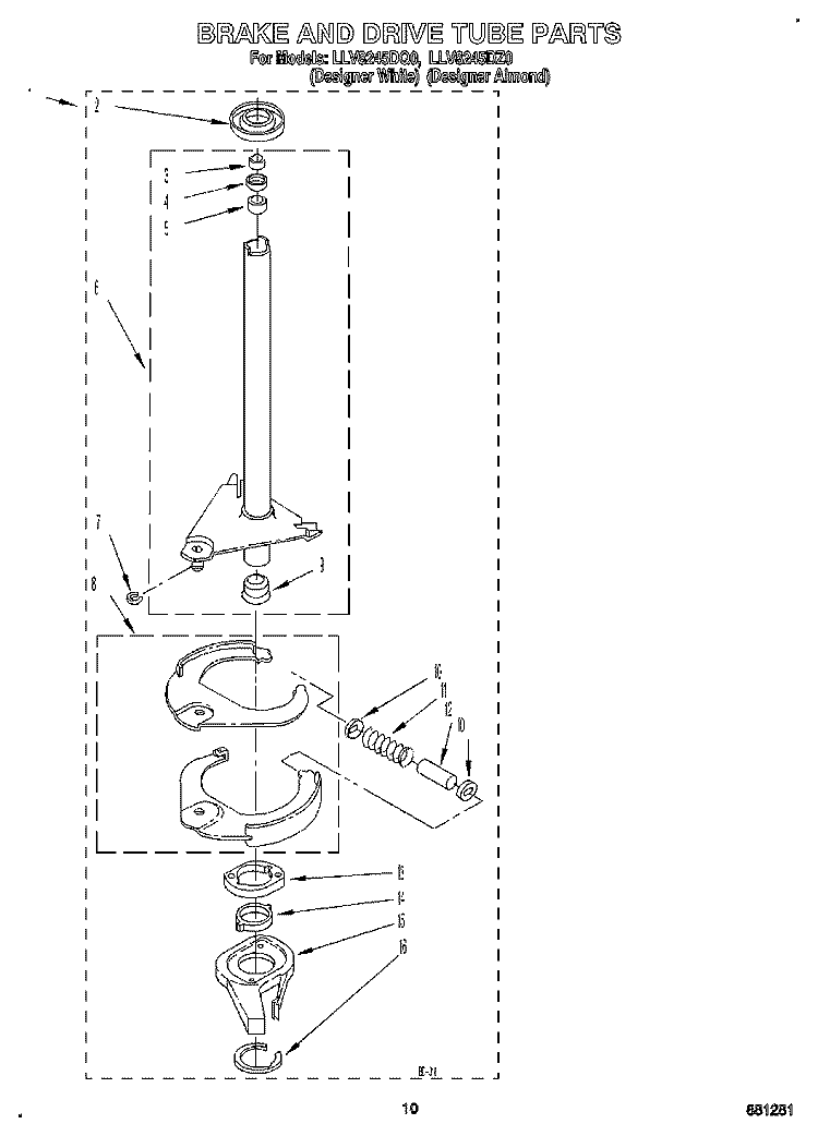 BRAKE AND DRIVE TUBE Diagram and Parts List for LLV8245DQ0  Whirlpool Washer