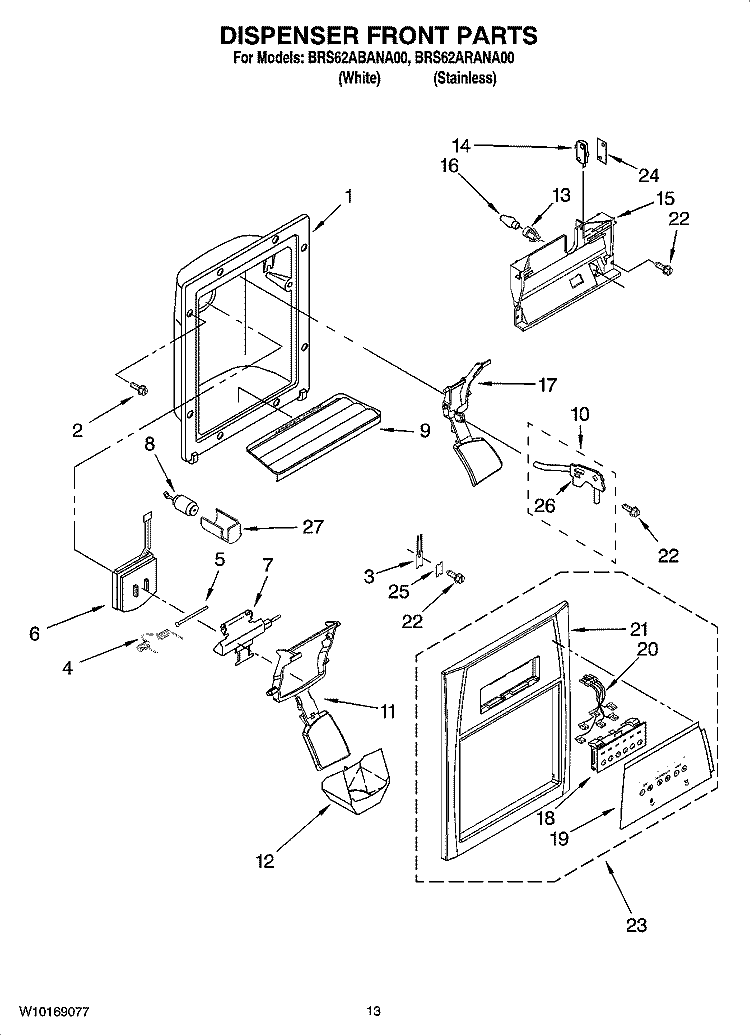 DISPENSER FRONT PARTS Diagram and Parts List for BRS62ARANA00  Whirlpool Refrigerator