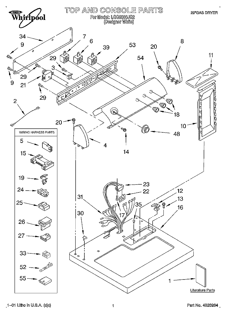 TOP AND CONSOLE, LIT/OPTIONAL Diagram and Parts List for LGQ8000JQ2  Whirlpool Dryer