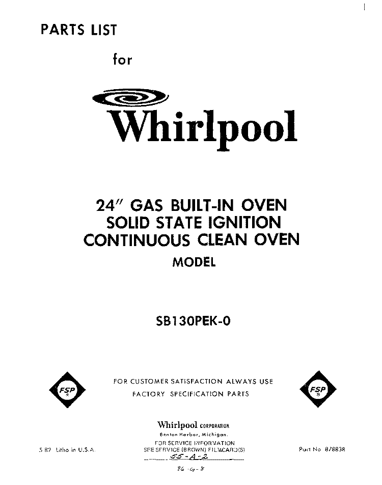 SECTION Diagram and Parts List for SB130PEK0  Whirlpool Wall Oven