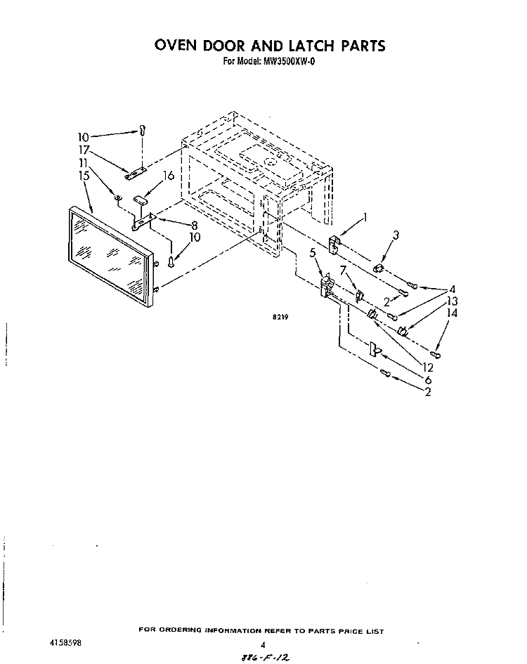 OVEN DOOR AND LATCH Diagram and Parts List for MW3500XW0  Whirlpool Microwave