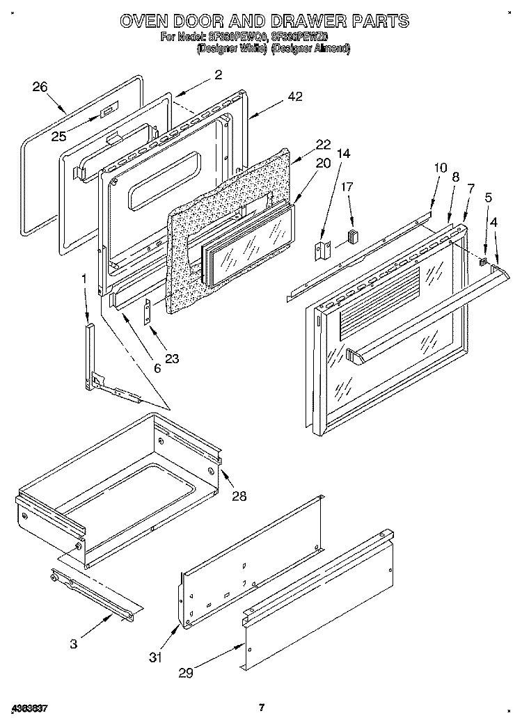 OVEN DOOR AND DRAWER Diagram and Parts List for SF380PEWQ0  Whirlpool Range
