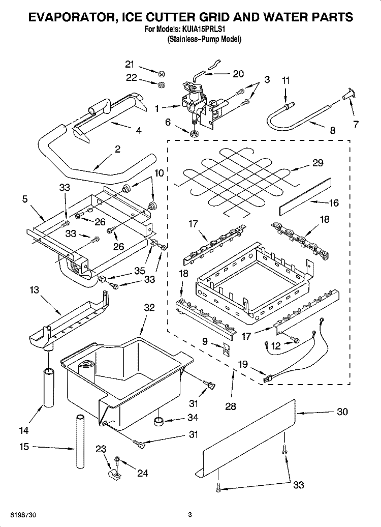 EVAPORATOR, ICE CUTTER GRID AND WATER PARTS Diagram and Parts List for KUIA15PRLS1  KitchenAid Ice Maker