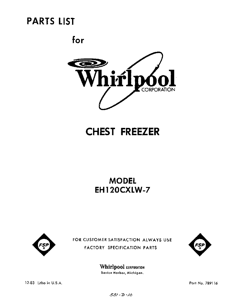 SECTION Diagram and Parts List for EH120CXLW7  Whirlpool Freezer