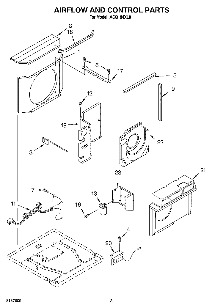 AIR FLOW AND CONTROL Diagram and Parts List for ACQ184XL0  Whirlpool Air Conditioner