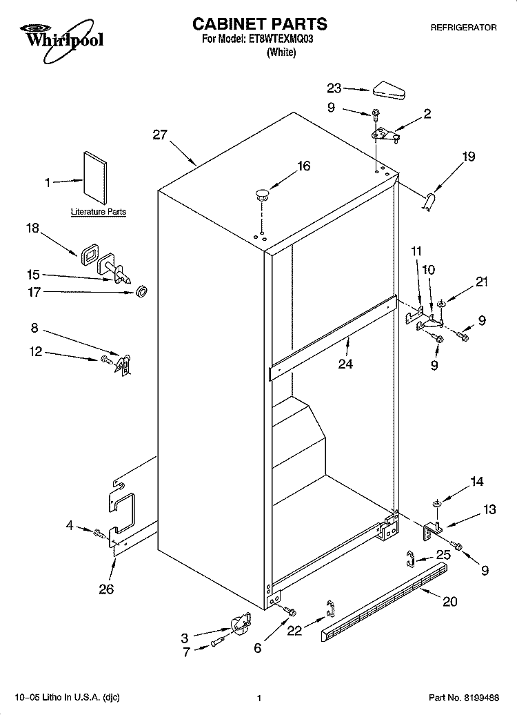CABINET PARTS Diagram and Parts List for ET8WTEXMQ03  Whirlpool Refrigerator