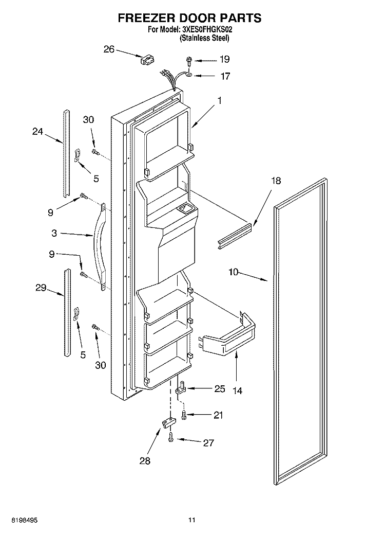 FREEZER DOOR PARTS Diagram and Parts List for 3XES0FHGKS02  Whirlpool Refrigerator