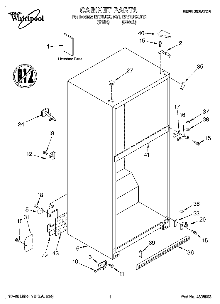 CABINET, LITERATURE Diagram and Parts List for ET21UKXJT01  Whirlpool Refrigerator