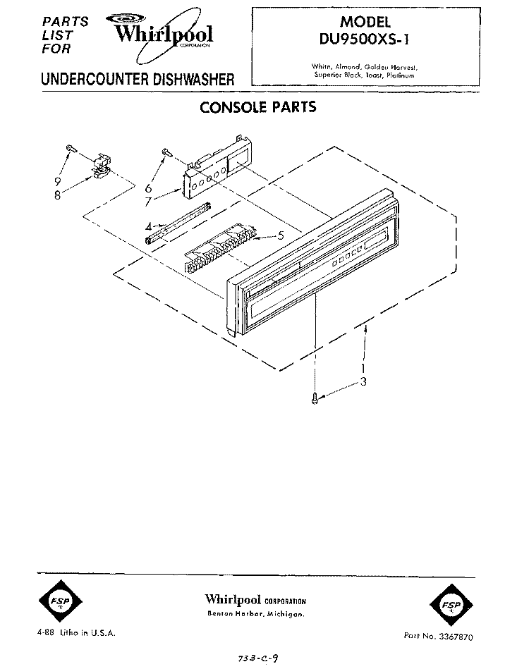 CONSOLE Diagram and Parts List for DU9500XS1  Whirlpool Dishwasher